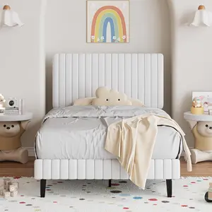 HOMBCK Twin Full Queen King Size Bed Frame, Velvet Upholstered Platform Bed With Vertical Channel Tufted Headboard And Footboard, No Box Spring Required, Easy Assembly, White
