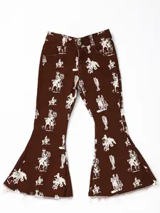 Western Brown Cowboy Print Bell bottoms Girls Jeans