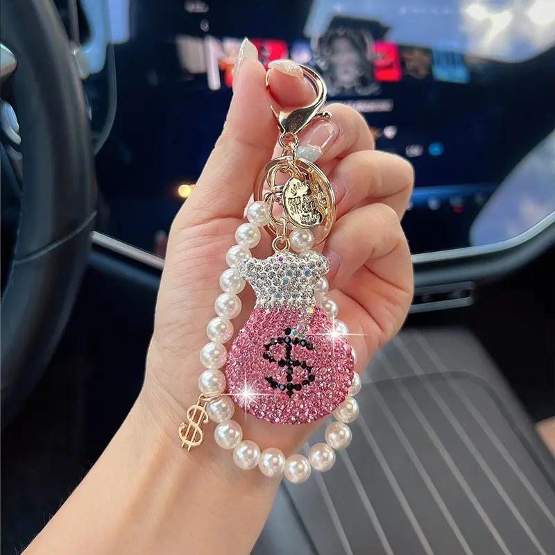 Creative Dollar Money Bag Car Keychain, Keychain for car keys, Fashion Us Dollar Accessory, Elegant Pearl Chain Bag Charm, Perfect Gift Idea