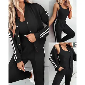 Women's 3 Piece Outfits Matching Sets Striped Tape Patch Tank Tops Button Front Jacket Cuffed Pants with Pockets Tracksuit Comfort Womenswear Athletic Baseball