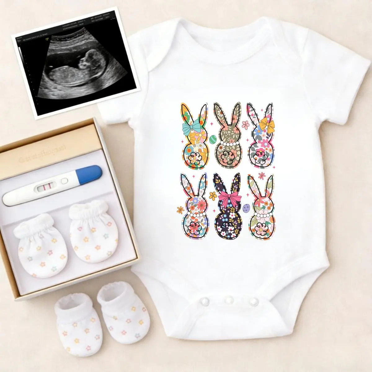 Soft Baby Bodysuit Colorful Bunny Pattern Print 100% Pure Cotton Non-Irritating Snap Closure Breathable Stretchy Great For Sleep & Play