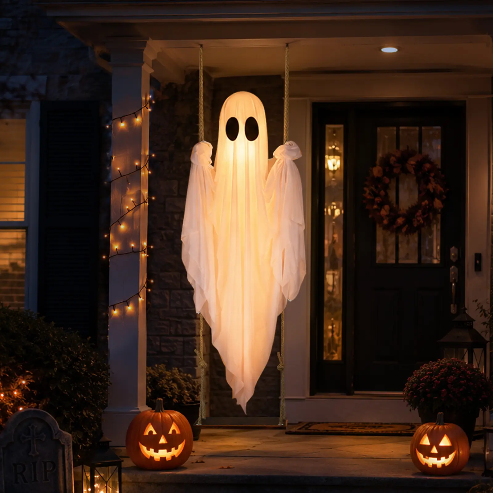 4FT Cute Swing-Style Ghost with LED Lights - Outdoor Halloween Decor for Porches, Yds - Home Festive Party Supply, Halloween Gift