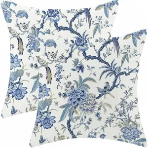 2pcs Linen Throw Pillow Covers, Blue & White Floral Pattern, Suitable For Decorating Sofa, Living Room, Bedroom, Outdoor Patio And Yard. Single-Sided Print, Pillow Insert Not Included (16"X16", 18"X18", 20"X20")(12"X20")