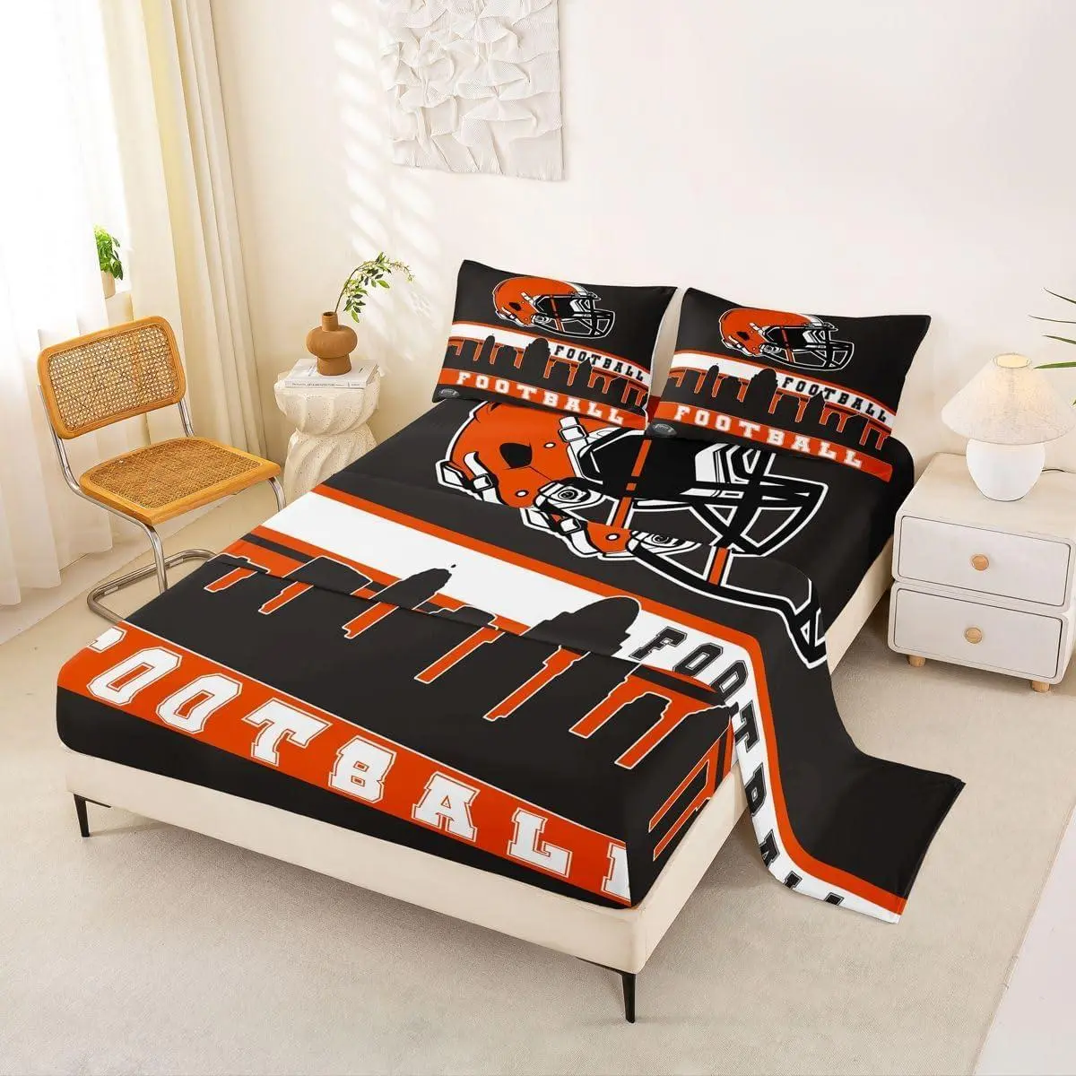 Football City Bed Sheets Set American Football Sheet Set Young Grey Orange Rugby Game Sheets Football Fans Room Decor Sports Ball Competition Flat Fitted Sheet(Cincinnati)