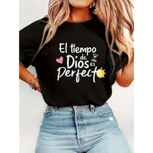 Cotton Short Sleeve T-Shirt Black "El Tiempo De Dios Es Perfecto" Inspirational Quote Faith-Based Design Heart Sun Graphics Soft Polyester Casual Crew Neck Tee Perfect Gift for Religious Womenswear QR 1675132 - Top