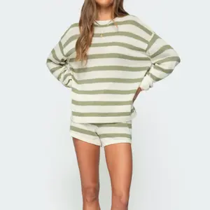 Women's Striped Knitted 2-piece Set – Long Sleeve Top & Shorts, Casual Lounge Outfit, Summer Fashion, Matching Set For Work, Travel, Home, Everyday Wear