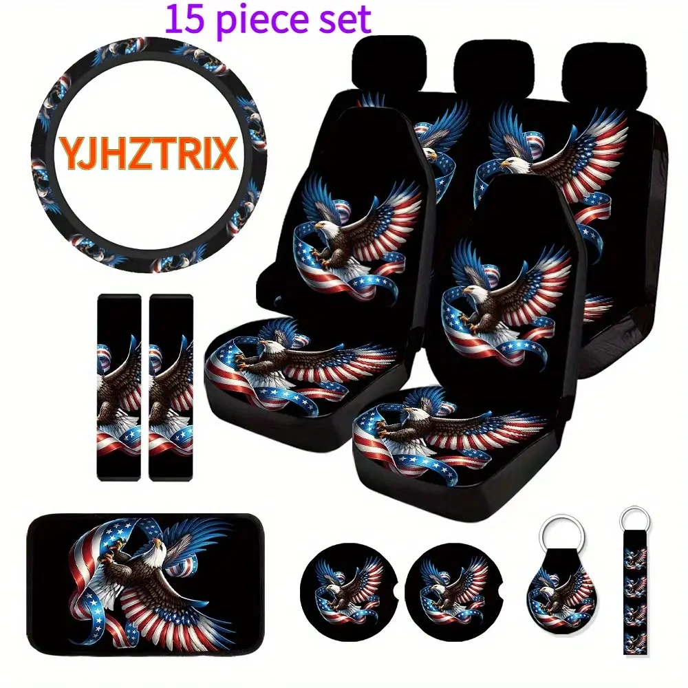 Halloween & Christmas Holiday Gift: 15-Piece Eagle & Bat Style Car Interior Set | 5-Seat Polyester Seat Covers + No-Inner-Ring Steering Wheel Cover | Shoulder Pads, Armrest Pads, Cup Mats & Key Chains Included - Elevate Your Car Interior