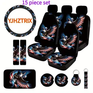 Halloween & Christmas Holiday Gift: 15-Piece Eagle & Bat Style Car Interior Set | 5-Seat Polyester Seat Covers + No-Inner-Ring Steering Wheel Cover | Shoulder Pads, Armrest Pads, Cup Mats & Key Chains Included - Elevate Your Car Interior