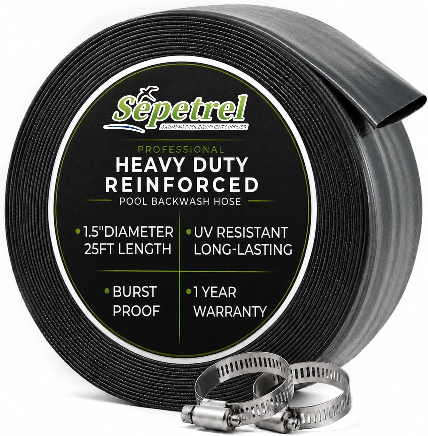 Sepetrel 1.5-Inch x 25 ft Braided Polyester Lay Flat Backwash Discharge Hose - Heavy-Duty, Burst-Resistant, Weatherproof for Sand Filters, Inground Pools, Outdoor Drainage, Includes 2 Clamps (Boosts Durability for Sump Pumps, Above Ground Pools)