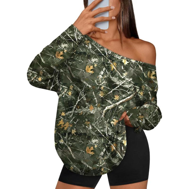 Womens Off The Shoulder Tops Oversized Tshirts Long Sleeve 2026 Casual Basic Tees with Camouflage Print Womenswear Blouse Floral  Fashion Elegance Everyday Style Fit