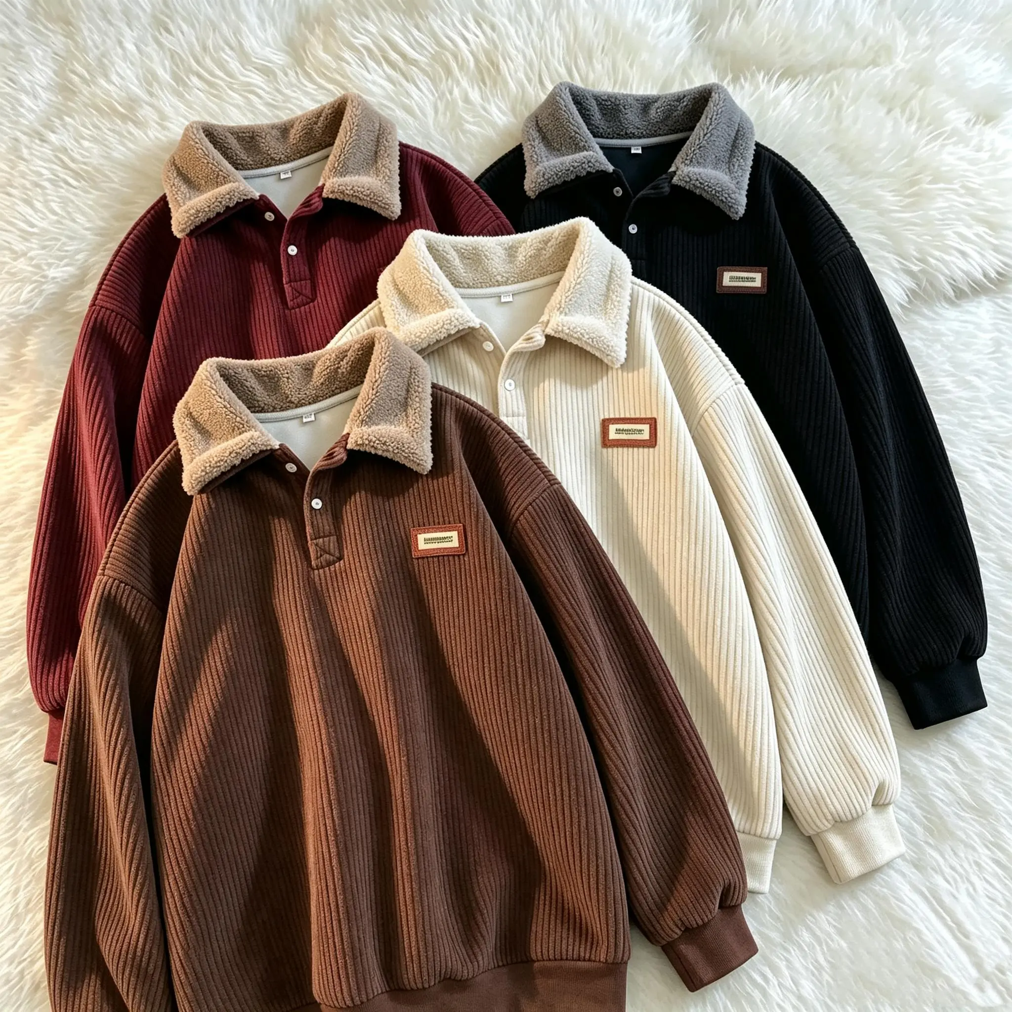 EMORYZA Corduroy Polo Collar Sweater Autumn and Winter Fleece-lined simple fashion Oversized Plus Velvet Outerwear Classic clothing lamb wool coat Comfort Long Sleeve Machine Washable Couple Sweater