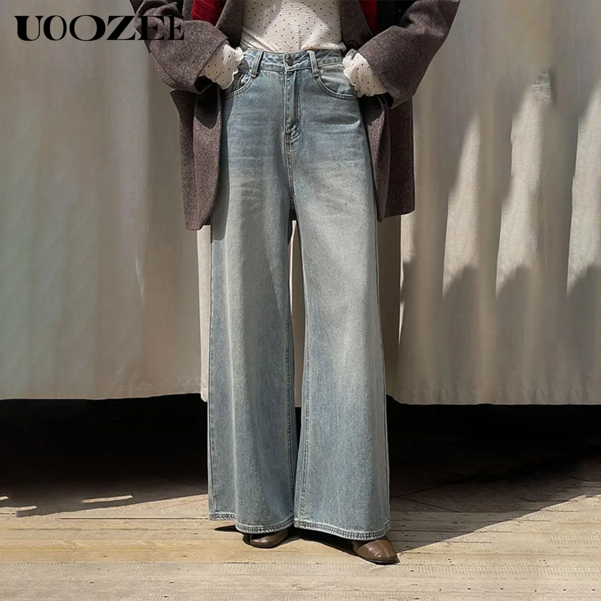 UOOZEE Women's Fall Winter Wide Leg No Stretch Pockets Jeans, New Casual & Retro High Waisted Casual Denim Pants for Urban Ladies, Perfect for Casual Outings, Brunch Dates & Urban Street Style(Sizing Runs Small - Check Size Guide or Order Larger), Jacket,