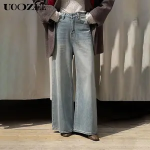 UOOZEE Women's Fall Winter Wide Leg No Stretch Pockets Jeans, New Casual & Retro High Waisted Casual Denim Pants for Urban Ladies, Perfect for Casual Outings, Brunch Dates & Urban Street Style(Sizing Runs Small - Check Size Guide or Order Larger)