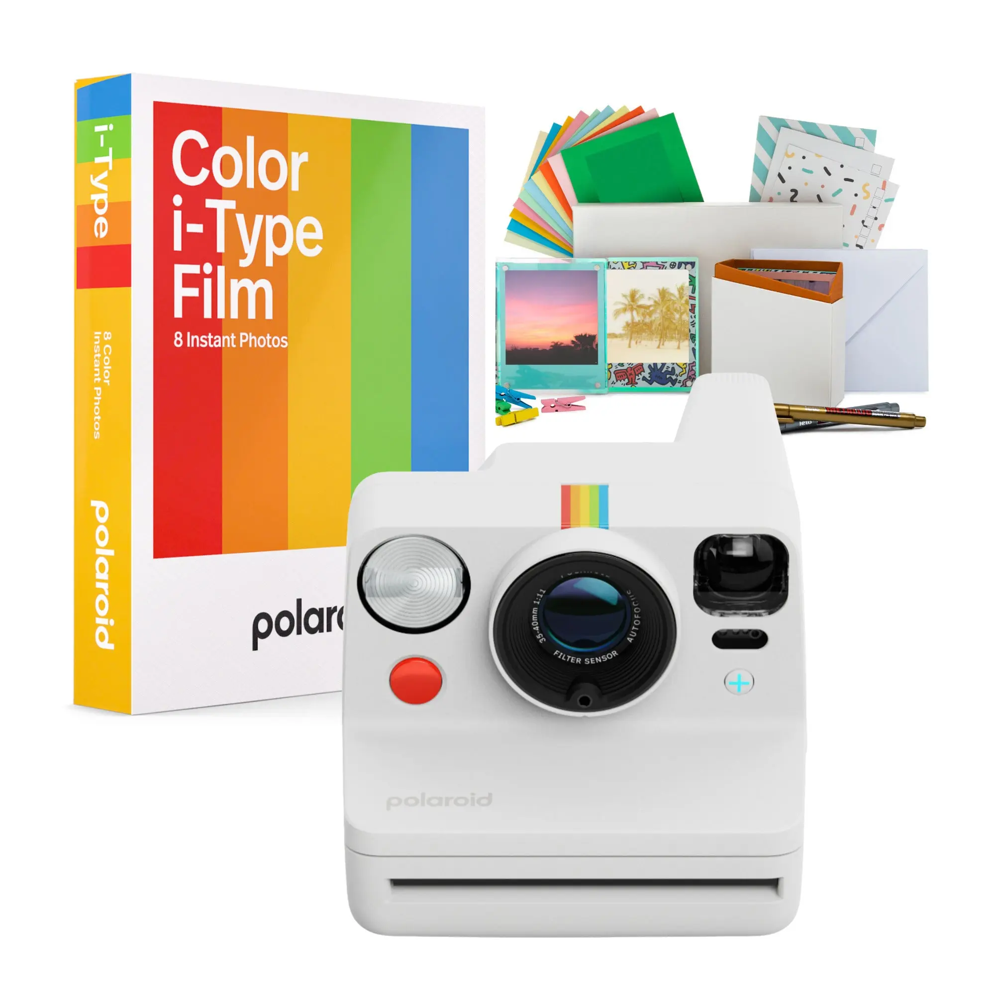 Polaroid Now Plus Generation 3 Instant Camera (White) with 2-Lens AF, Manual Controls, Double Exposure, Built-In Flash, App Connectivity, 600 Film Kit Bundle, Full-Sized Film for Party Decor & Storage Box Use