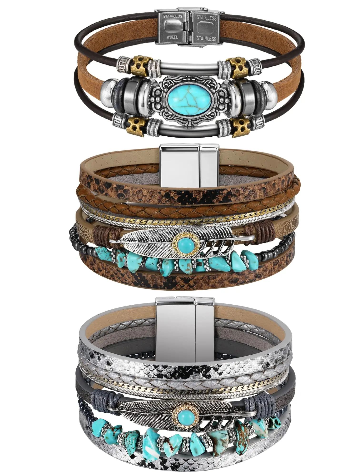 3 Pcs Western Jewelry for Women,Turquoise Bracelet Set,Native American Jewelry Western Gift for Ladies,Silver Bohemian Turquoise Cuff Bracelets,Christmas Party Gifts,Hand Tools Kits