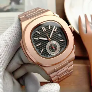 40mm Men Luxury Watch in 904L Steel Automatic Mechanical Movement Black Blue Leather Wristwatches