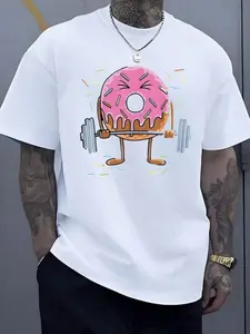 Funny Weightlifting Donut Cartoon Print Short Sleeve T-Shirt, American Fun Fitness Style, Loose Fit, Unisex, Casual Wear