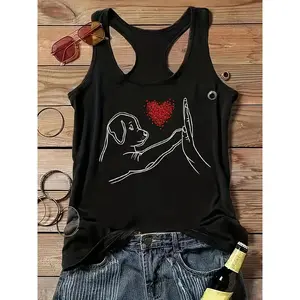 Tank Top Round Neck Top Dog High-Five Heart Pattern Vacation Women'S Clothing