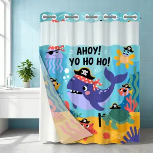 1PC double-layer large loop shower curtain, featuring a marine print pattern, suitable for shower curtains, bathroom curtains, and waterproof and mold-proof curtains