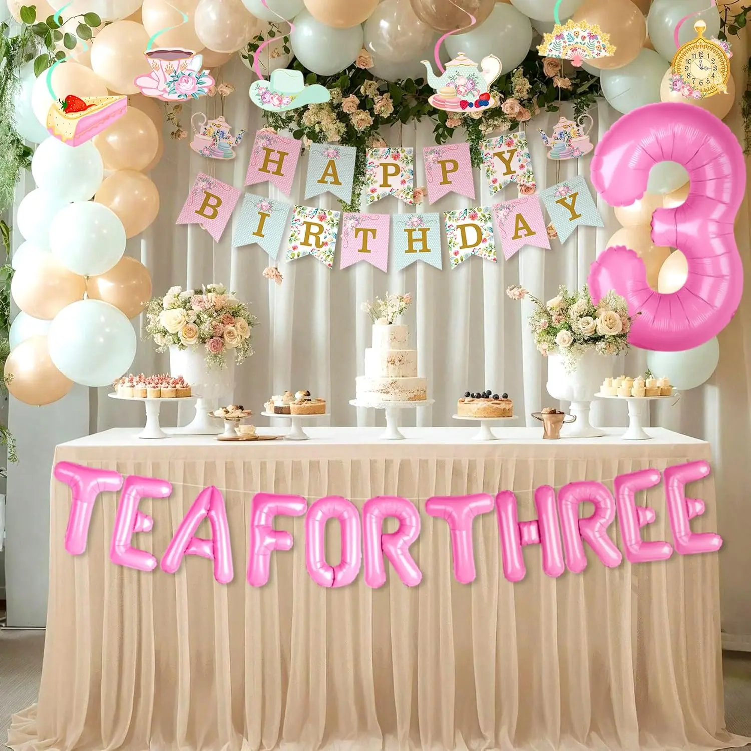 Tea For Three Party Decorations Tea Party Decorations Tea Party Balloons Tea Party Birthday Decorations Tea Party Banner Floral Birthday Banner