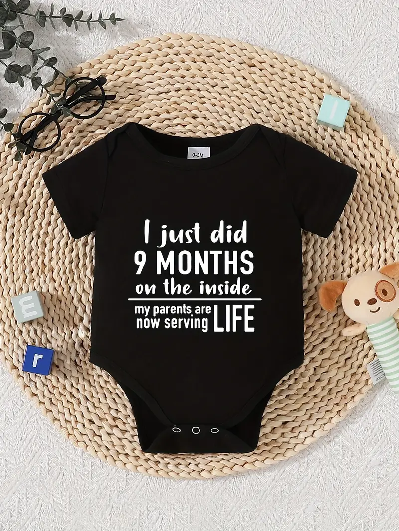 Baby Boy's 'I Just Did 9 Months' Print Cotton Bodysuit - Casual Short Sleeve, Round Neck, Button Detail, Unisex, Summer, Fitted, Machine Washable