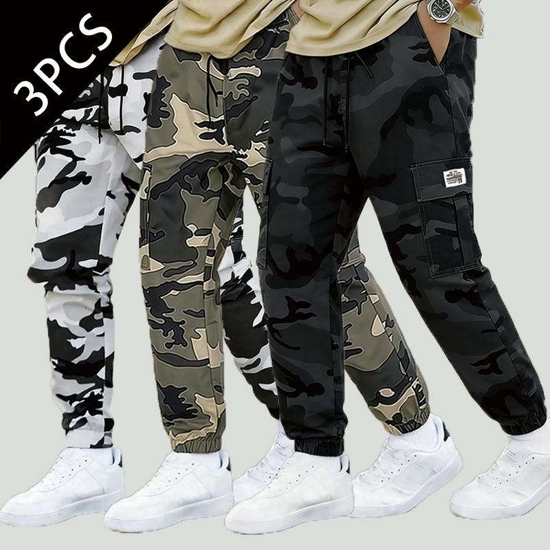 Men's Camouflage Casual Polyester Cargo Pants - Light Thin, Breathable, Loose-Fit, Multi-Pockets, Elastic Drawcord Waist Outdoor Tactical Joggers for Hiking, Work