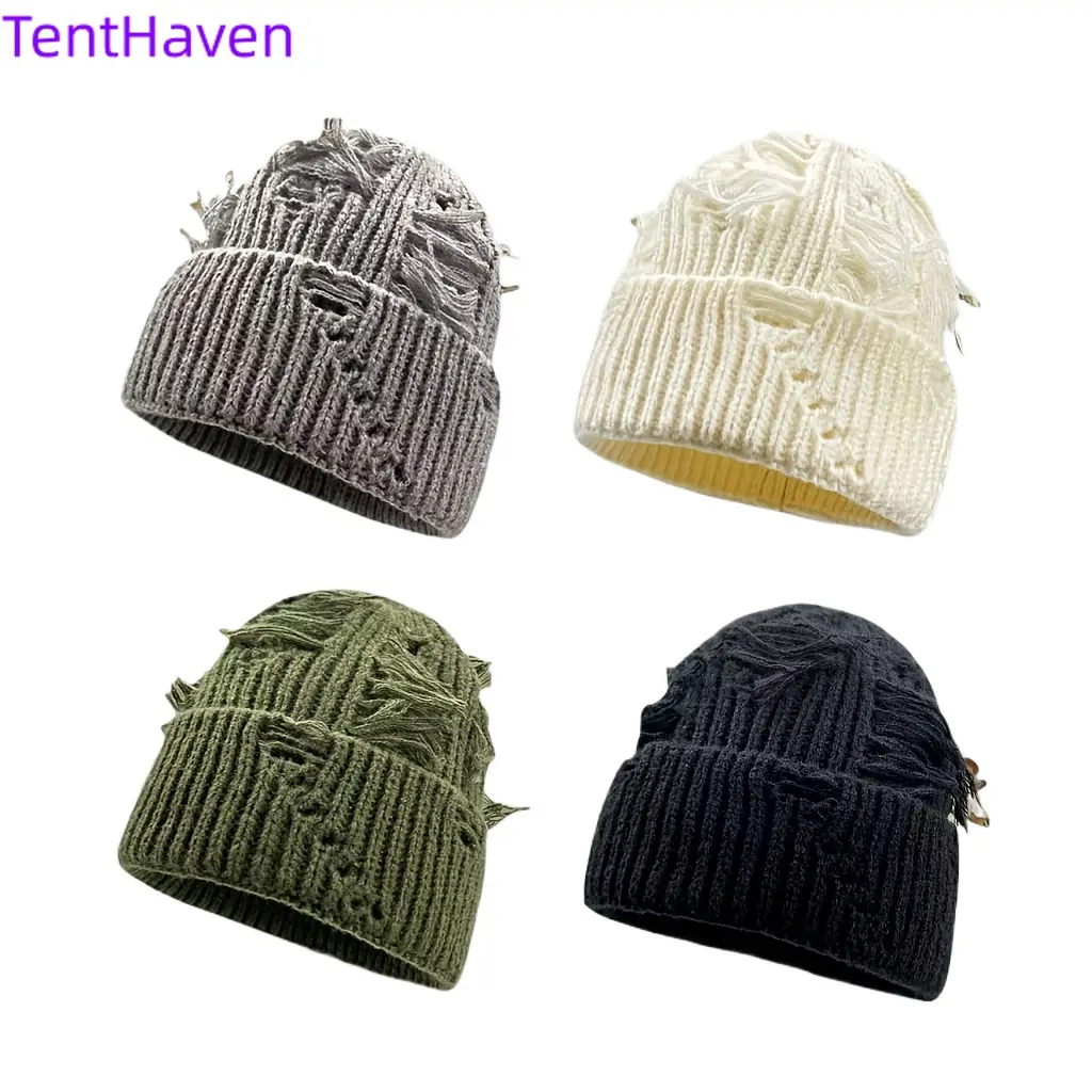 Women's 2026 American Retro Perforated Cotton Knitted Hat - Warm Retention, Streetwear Hip-Hop Vibe, Casual Autumn-Winter Outdoor Sports Accessory, Females, Fashion, Premium Woolen Fabric, Knit Hat, Beanies