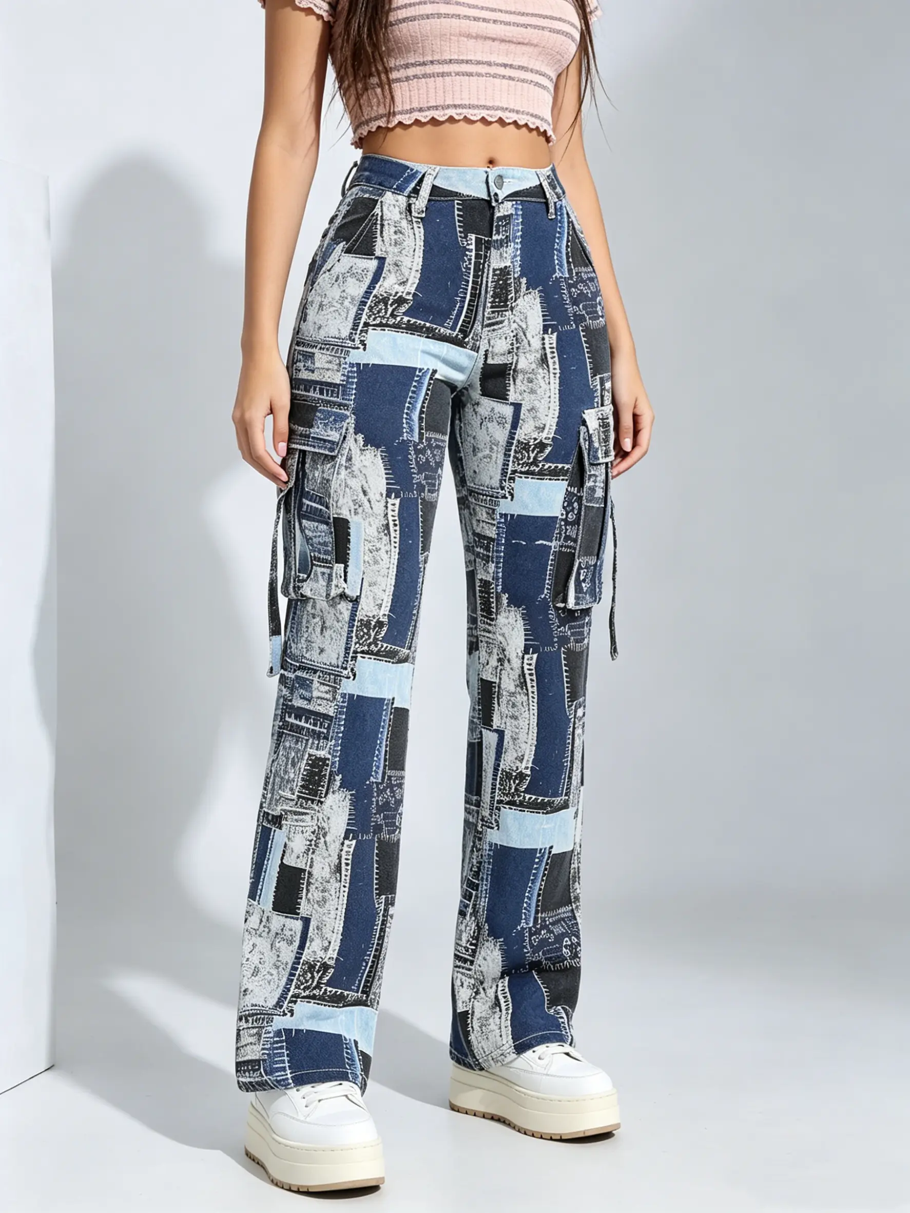 with Slight Stretch for Everyday Wear Women's Patchwork Asymmetrical Wide LegDenim Jeans, Casual Long Baggy Y2K FashionPants