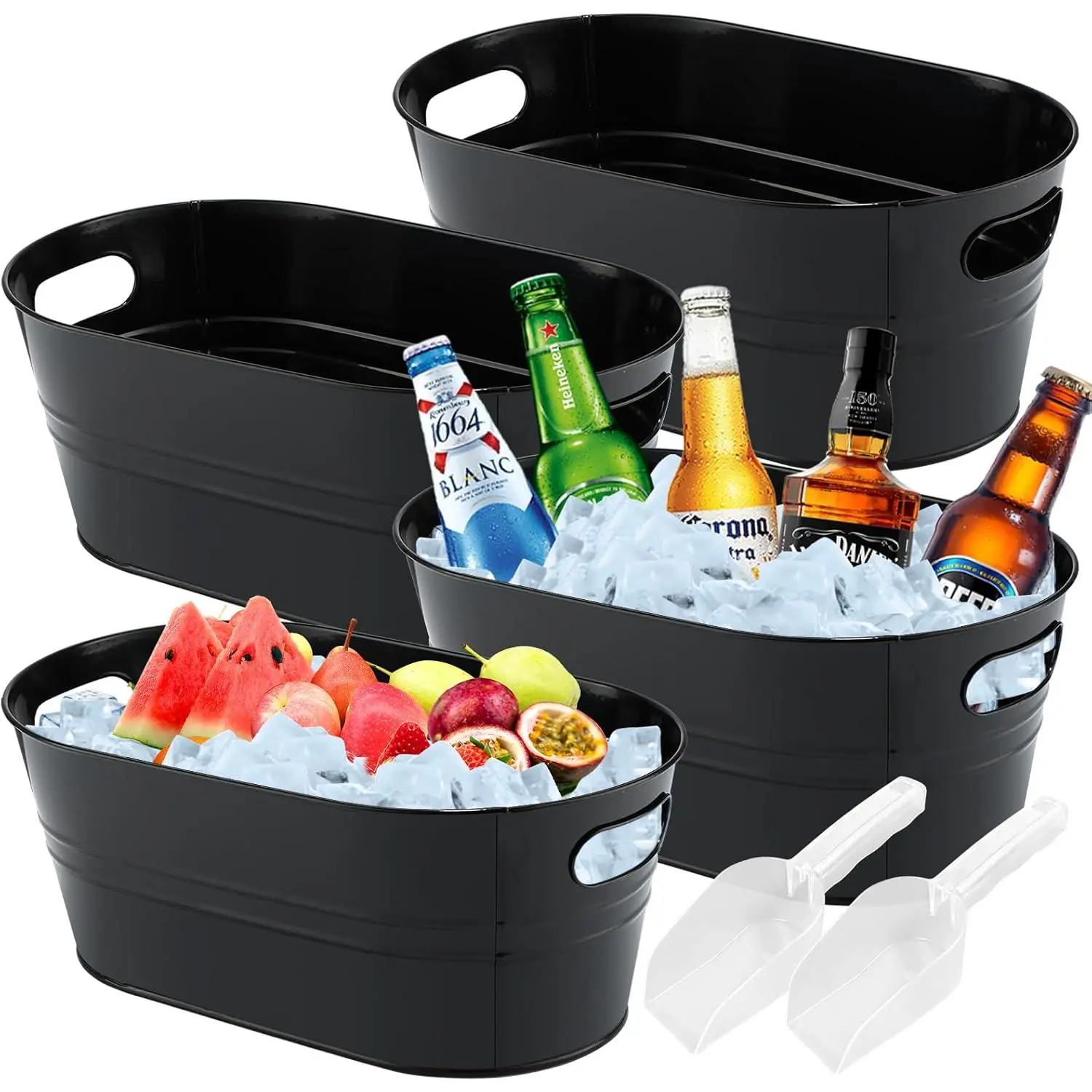 4 count 3 Gallon Black Galvanized Bucket Ice Bucket Large Metal Drink Buckets for Parties  Beverage Tub with Scoops for Champagne   Cooling for Mimosa Bar Supplies