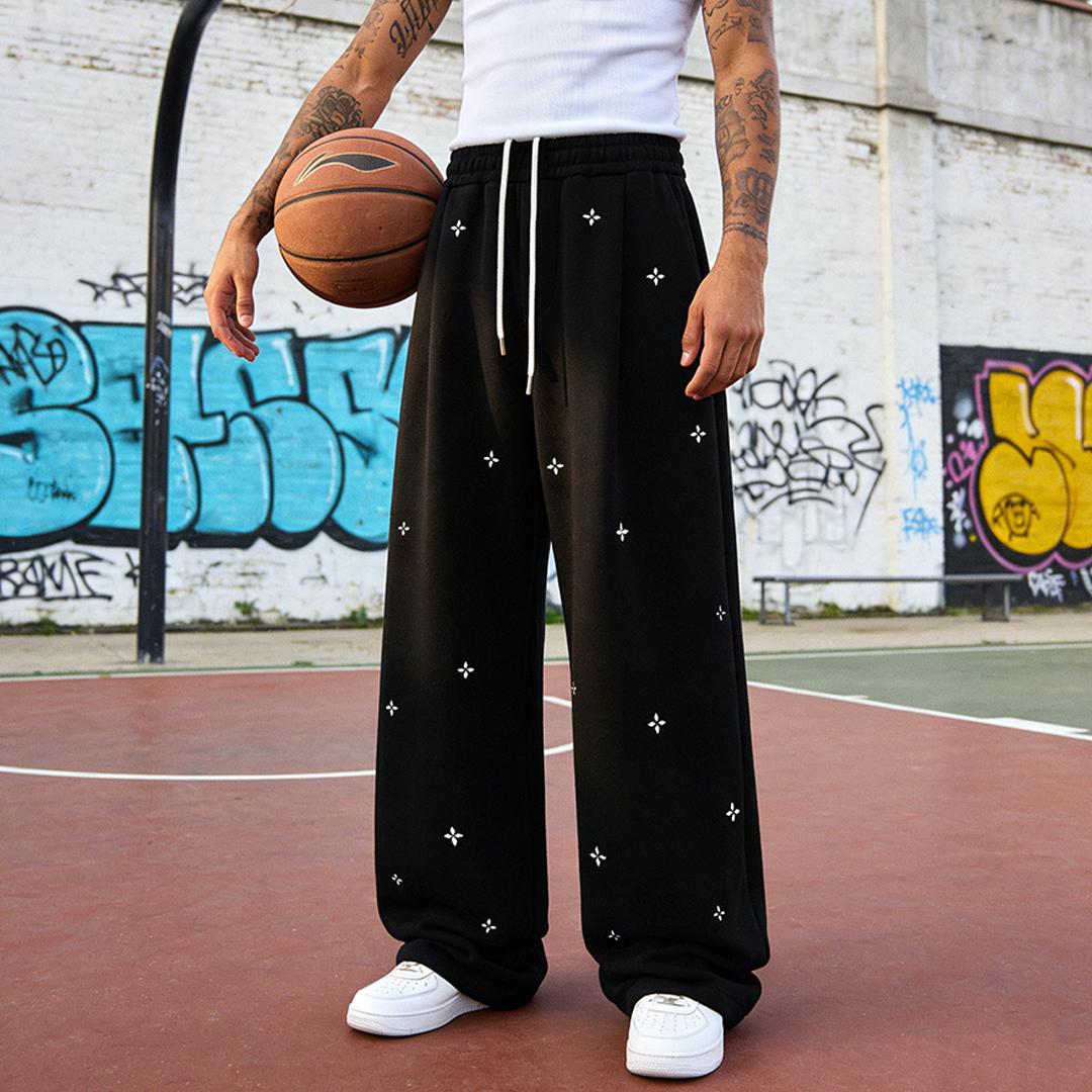 2-Pack Men’s Casual Sports Basketball Pants – Street Style, Cross Pattern, Loose Straight Wide-Leg Long Pants