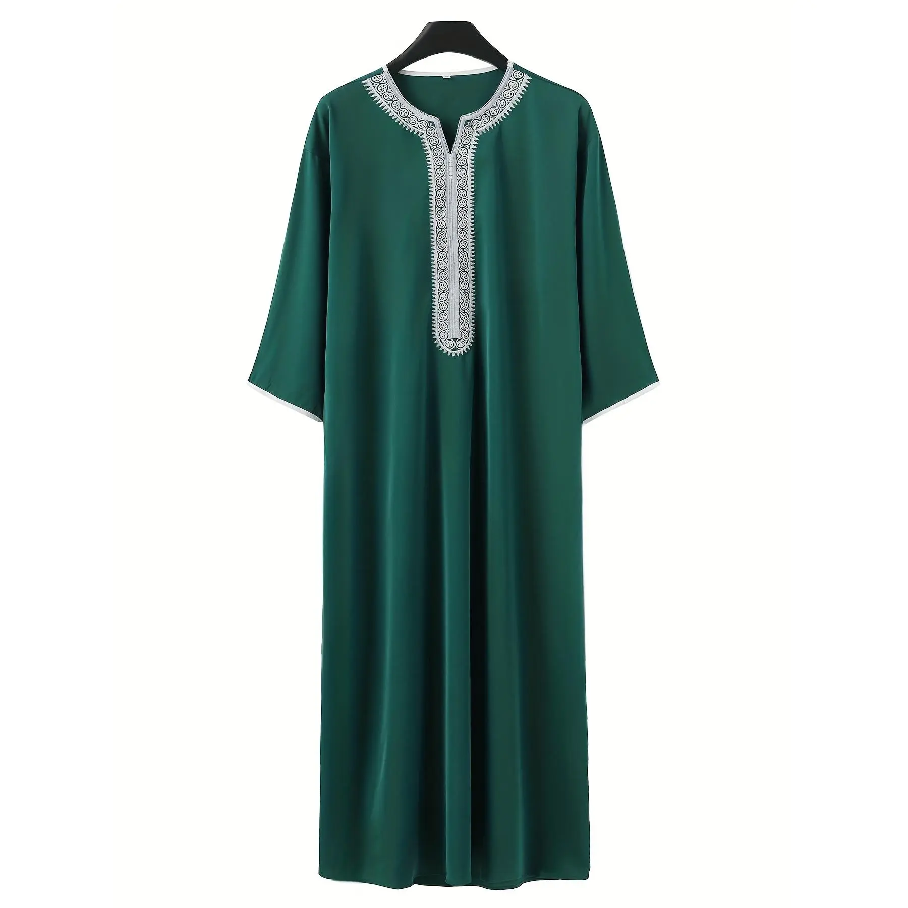 Men's Embroidered Robe| Casual V-Neck Polyester Kaftan| Geometric Pattern| All-Season Comfortable & Stylish| Easy Care Hand Wash or Dry Clean| Elegant Dark Green with White Trim Detail men s modest clothing