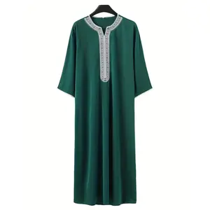 Men's Embroidered Robe| Casual V-Neck Polyester Kaftan| Geometric Pattern| All-Season Comfortable & Stylish| Easy Care Hand Wash or Dry Clean| Elegant Dark Green with White Trim Detail men s modest clothing