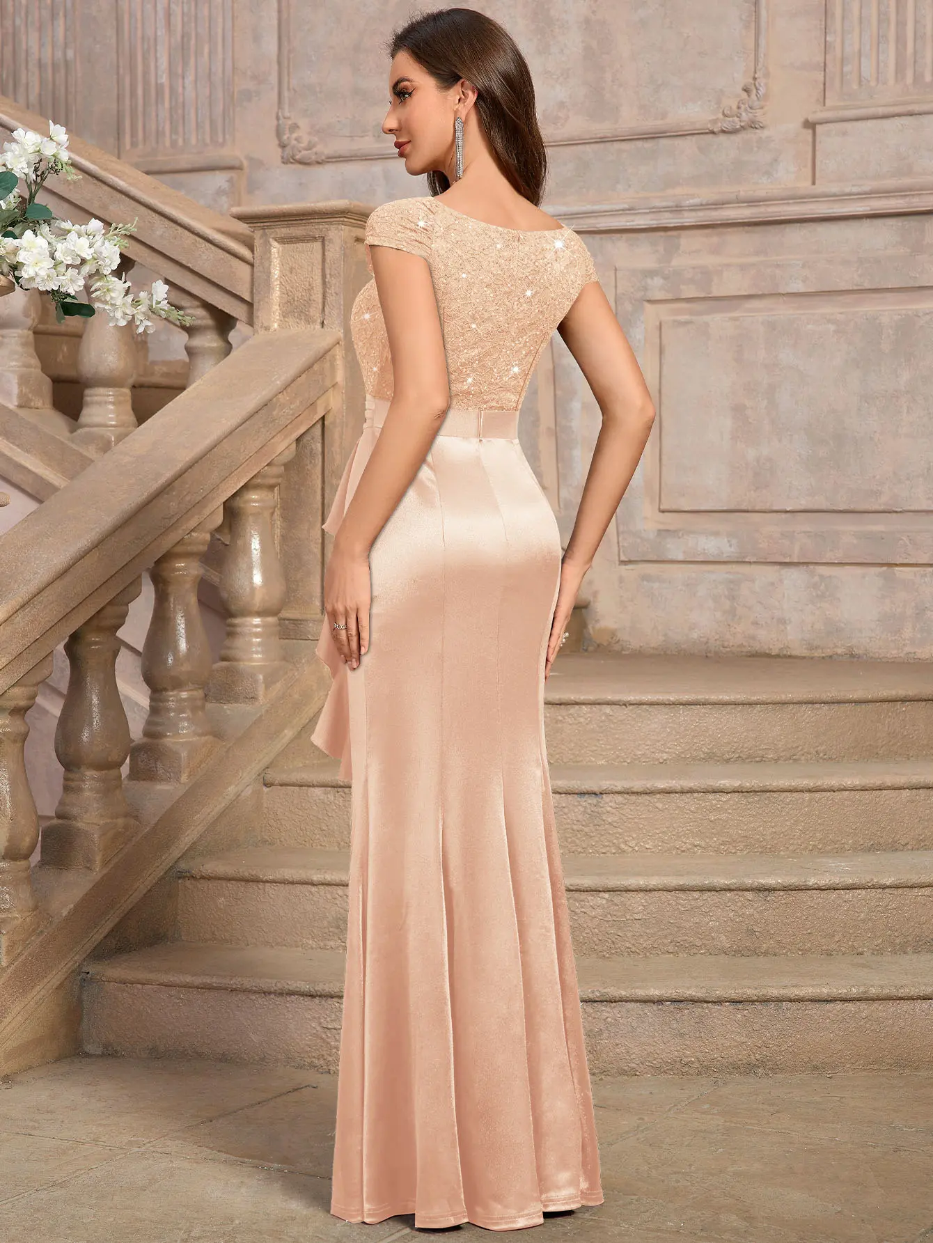 Miusol Women's Elegant Vintage V-Neck Sleeveless Slim-Fit Ruffle Split Floral Lace & Sequin Maxi Dress - Lady's Formal Cocktail Prom Dress for Wedding Guest Occasions - TikTok Shop Miusol Women's Elegant Vintage V-Neck Sleeveless Slim-Fit Ruffle Split Floral Lace & Sequin Maxi Dress - Lady's Formal Cocktail Prom Dress for Wedding Guest Occasions - TikTok Shop
