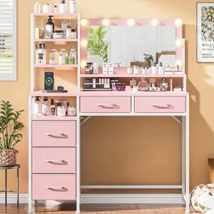 Vanity Desk With Mirror And Lights, Makeup Vanity With 5 Fabric Drawers And Open Storage Shelves, 3-Color Adjustable Lighting, Modern Vanity Table With Charging Station For Bedroom