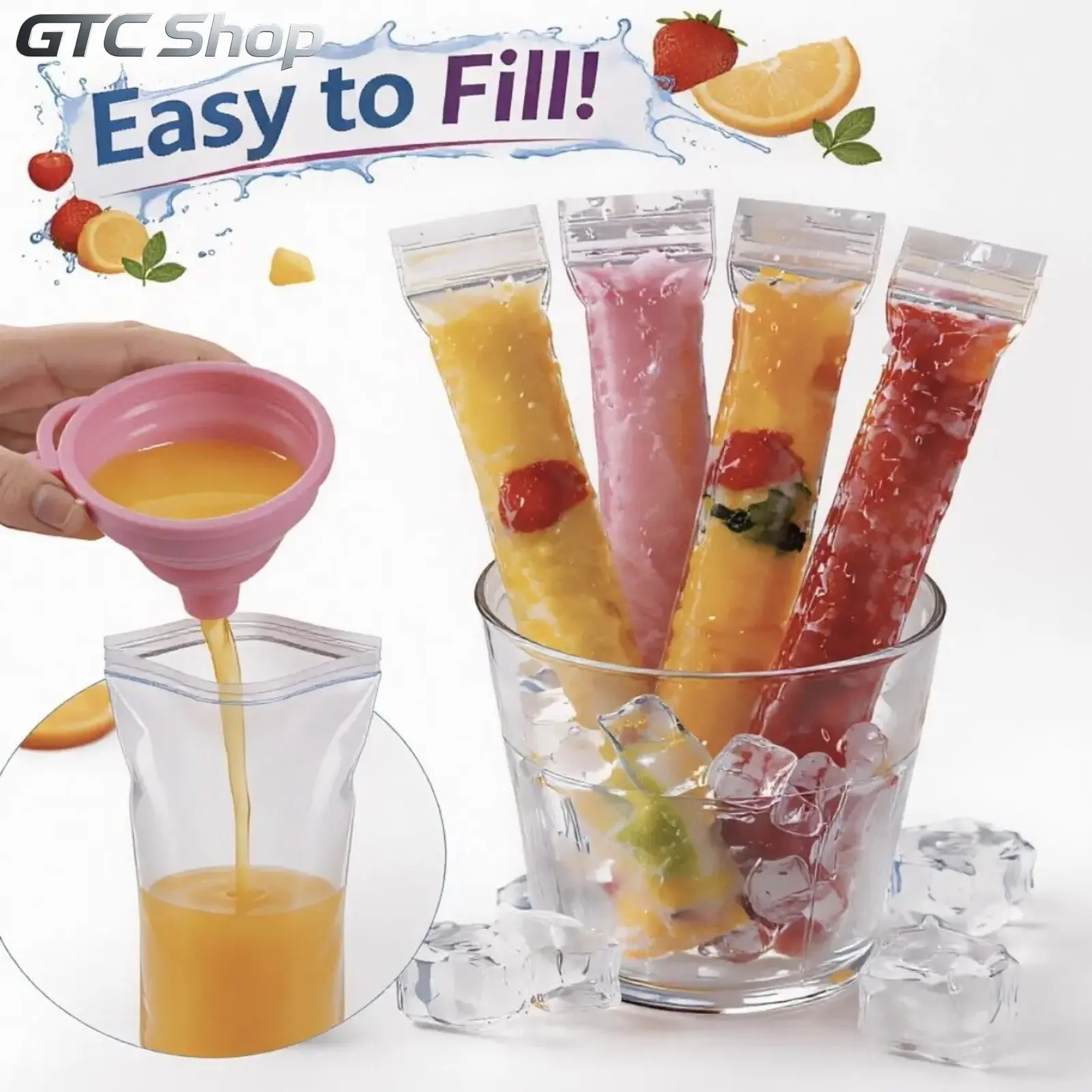 100 Pack BPA-Free Leakproof Seal DIY Ice Pop Bags with Funnel - Easy Fill Disposable Popsicle Pouches, Frozen Treat Maker for Camping Summer Snacks (Sports & Outdoor Camping Supplies for Kids/Family) 100 pcs+funnel