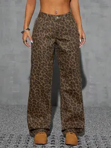 Women's Leopard Print Straight Leg Jeans, Streetwear, Y2K Style