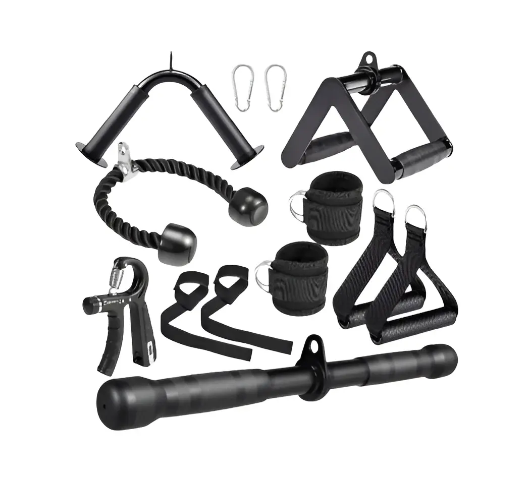 10-In-1 Cable Machine Attachments Set for Gym - Includes Tricep Rope, V-Bar, Straight Bar, D-Handle, Ankle/Wrist Straps, Storage Bag - Compatible with LAT Pulldown & Home Gym Cable Machines
