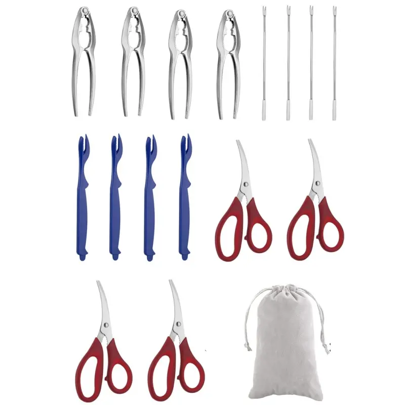 16pcs Stainless Steel Crab Lobster Seafood Cracker Tool Kit, Multi Functional Nut Sheller Crab Leg Picks Forks Scissors Set with Drawstring Storage Pouch