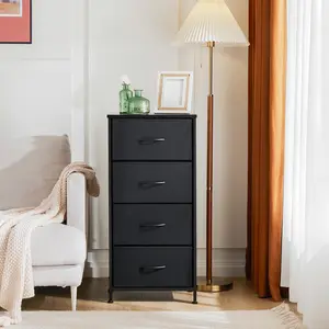 Dresser for Bedroom, Storage Drawers, Skinny Fabric Storage Tower with 4 Drawers, Tower Organizer Unit, Chest of Drawers with Wooden Top