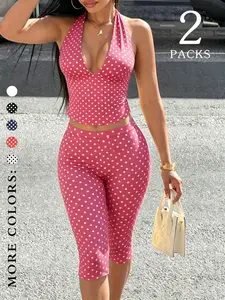 Women's Vacation Style Fashion Polka Dot 2-Piece Set, Deep U-Neck, Short Sleeve, Soft Fabric, Elastic Waist, Ideal for Travel & Daily Wear