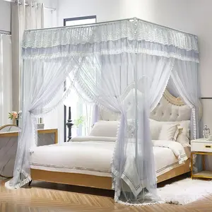 Bed Curtains,Bed for Girls Ruffle Bed Curtains Cozy Drape Netting Net for Girls Adults Bedroom Decoration (Gray, Queen)