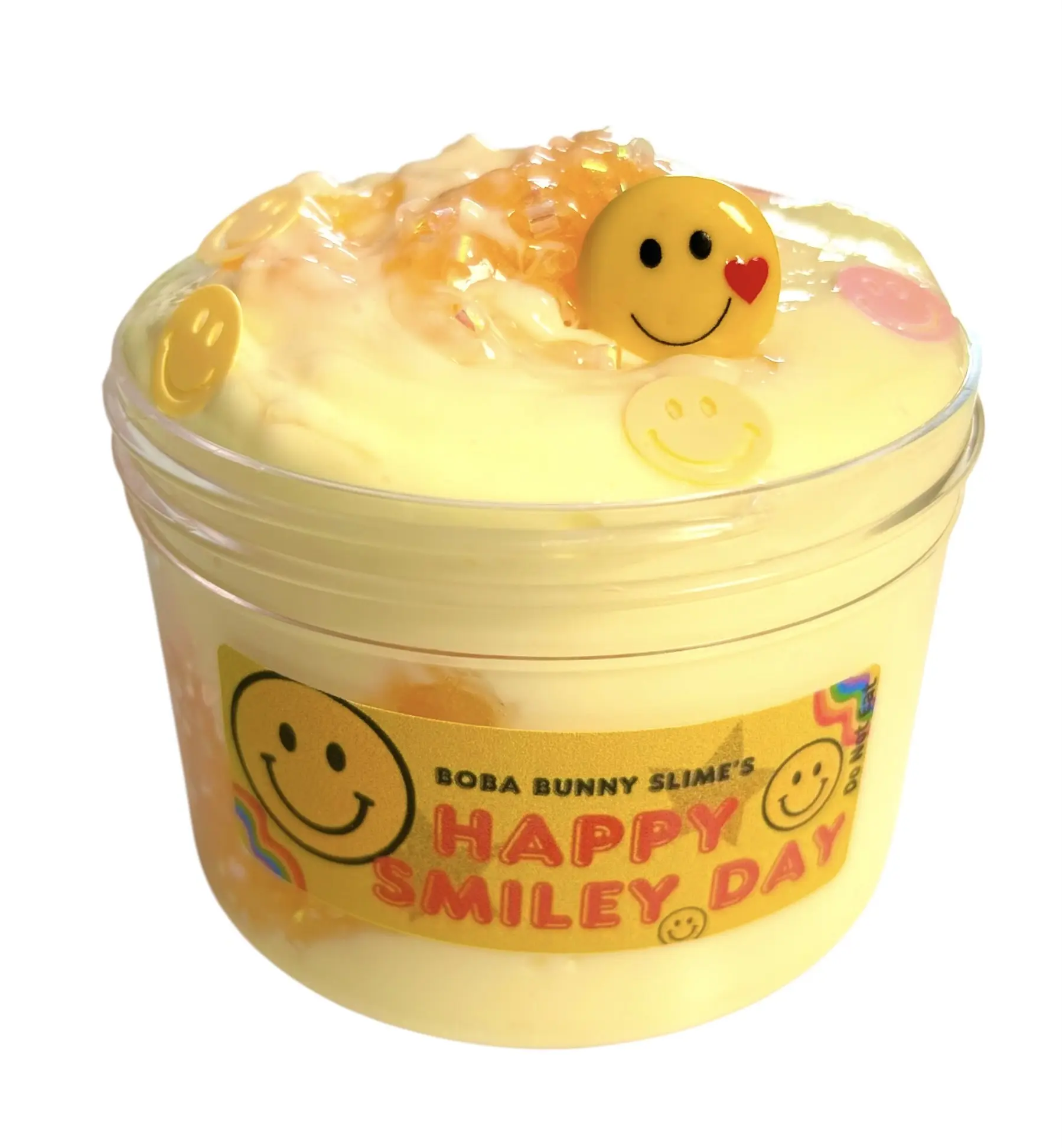 Happy Smiley Face - Thick and glossy slime with Bingsu beads, Orange scented, 8oz- handmade in USA