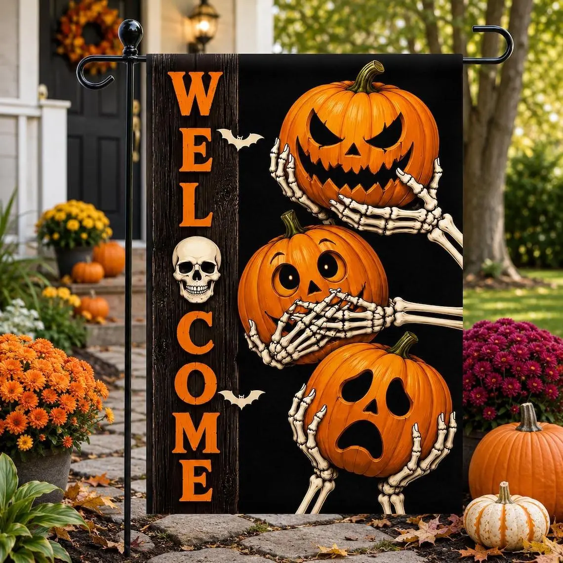 Halloween Garden Flag, Funny Skeleton Pumpkin Flag, Welcome Yard Decor, Jack O Lantern Outdoor Banne