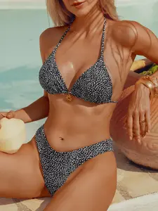 Women's Multi-Color Print Tied Two-Piece Swimsuit, Brazilian Style Sexy Triangle Bikini, Comfortable Trendy Beachwear