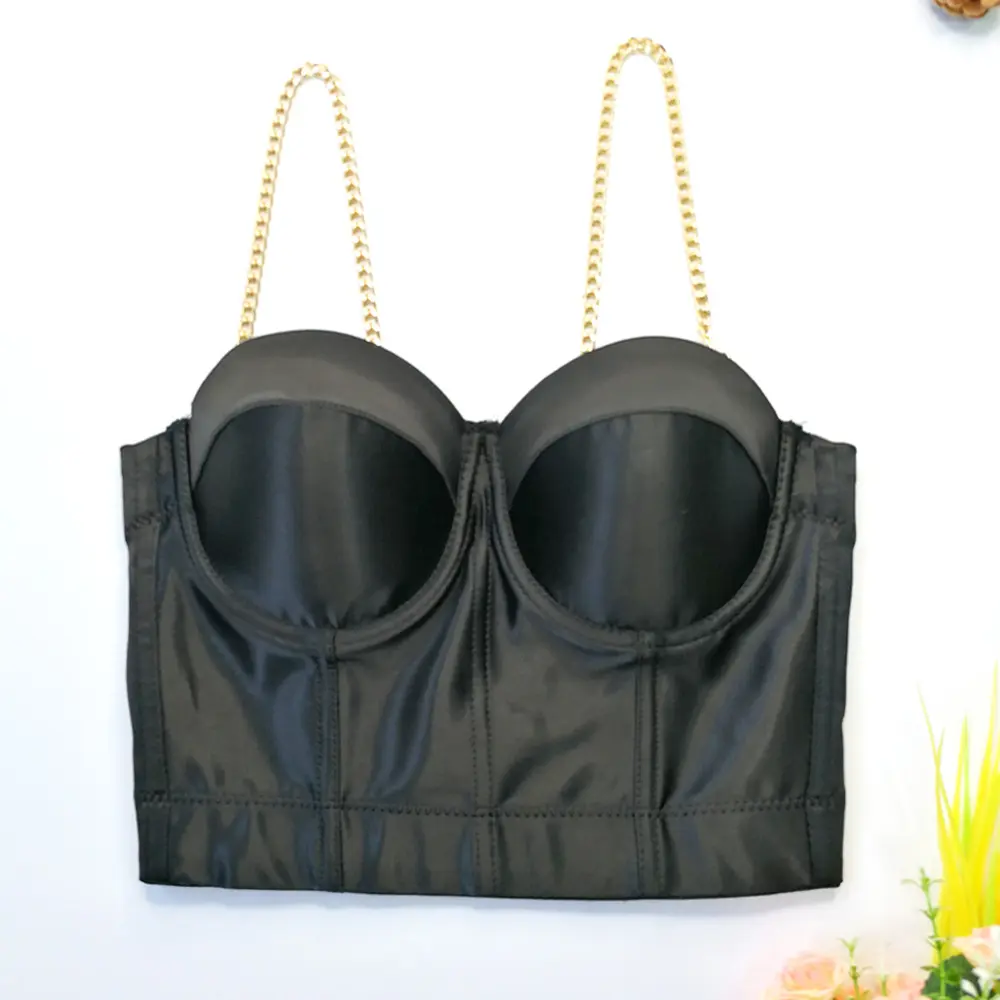 Satin Stretch Bustier Top Gold Chain Strap Corset with Boning for Slimming & Layering Womenswear Basic Chic Elegant Minimalist Short Sleeveless tank tops Backless Criss Cross Spaghetti Strap Cami Women's Ribbed Knit Tank