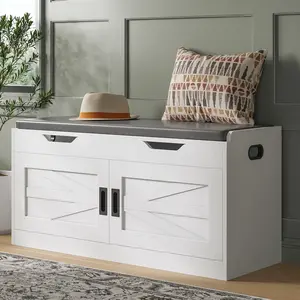 IRONCK Shoe Bench with Lift Top Storage, 42.4" Entryway Bench with Wider Cushioned Seat, End of Bed Bench with Adjustable Shelf & 2 Doors for Hallway, Bedroom, White