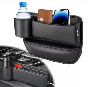 Gap Filler Organizer With Cup Holder, Front Seat Storage Box, Easy To Install Leather Organizer Between Seats for Keys, Cards, Coins