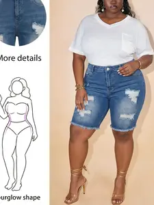 Women's Plus Size Denim Shorts, Blue Ripped Design, Elastic Comfortable Fabric, Summer Fashion, Elegant Casual Trendy Jeans, Natural Waist, Zipper Fly