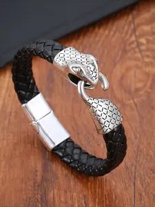 Double snakeskin bracelet, black leather braid adorned with a rugged silver snake head, magnetic clasp design for easy wearing. add a touch of dark luxury to your everyday look