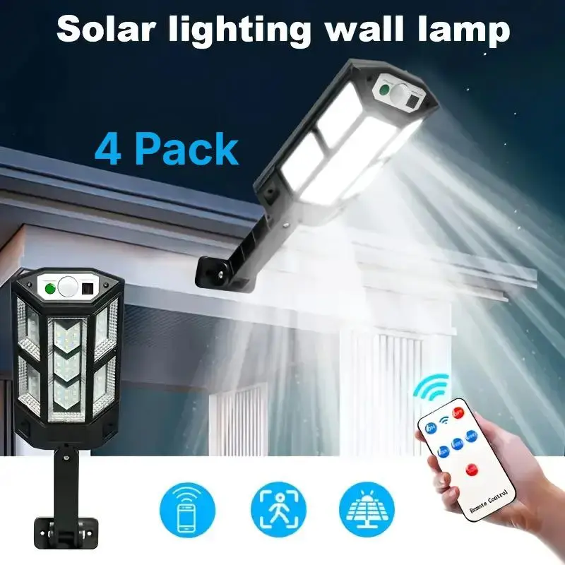4-Pack LED Solar Wall Lights, IP65 Rated Motion Sensor Flood Fixtures with Remote Control, Auto-On/Off Dusk to Dawn for Yard Walls & Garden, Solar Outdoor Lights